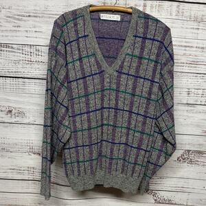 Jantzen Vintage 90s Purple and Gray Plaid Knit Sweater Med